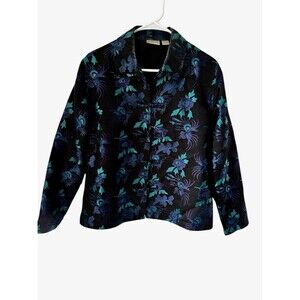 Chico's Design silk blend jacket Asian Style black floral Dressy Evening Wear ML